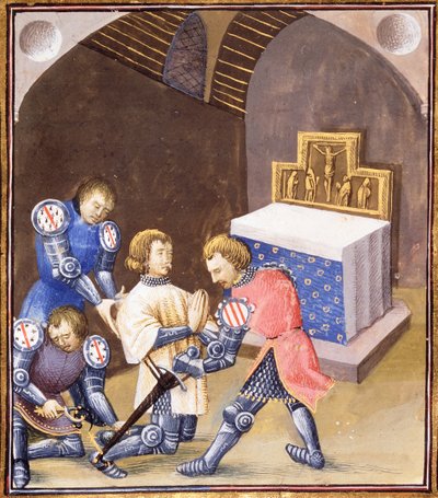 Bayan Fr 99 f.561 Galahad, Kâse Görevine gitmeden önce şövalyelik ritüelinde bir kılıç ve mahmuzlar alıyor by French School