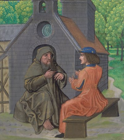 Ms Royal 14 E. 11, f.338 Münzevi şövalyeye talimat veriyor, 
