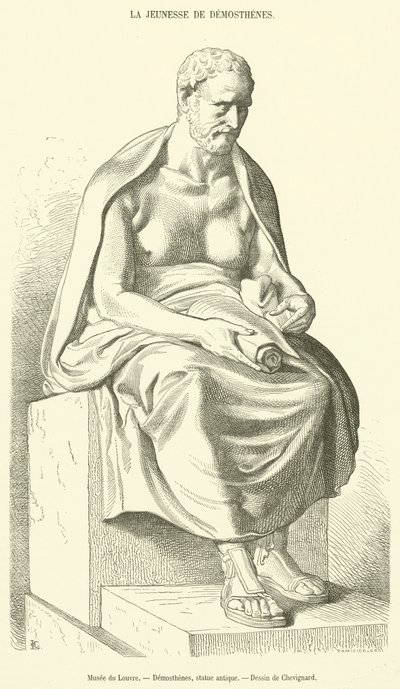 Musee du Louvre, Demosthenes, heykel antika (gravür) by French School