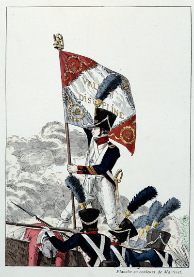 Napolyon Ordusu: Hat Piyadesi. Başçavuş, büyük ölçüde yok olan bir korkuluğun üzerine kartalını dikiyor. Martinet tarafından gravür (19. yüzyıl) 1808. Malmaison, Musee Du Chateau. by French School