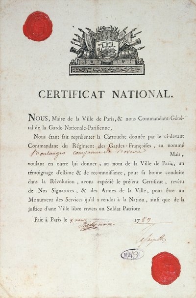 Fransız Devrimi sırasında Ulusal İyi Davranış Sertifikası, 8 Ağustos 1789, Paris by French School