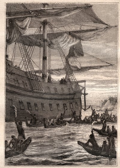 Yerli halk ellerinde muz ağaçlarının dallarını tutuyordu: Samuel Wallis'in Polinezya'ya yaptığı yolculuk (1728-1795) - karşılama selamı olarak muz dallarını tutan yerli halk - “18. Yüzyılın Büyük Denizcileri”nden alınan örnek” by French School