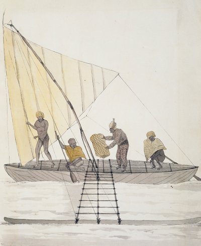 Iles Basses yerlileri ve dengeli yelkenli kano, suluboya Jules-Louis Lejeune, Duperrey