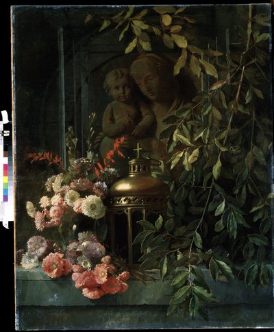 ""Natürmort"" (Çocuklu Madonna, fener, çiçekler (karanfil dahil) 19. yüzyıl Fransız okulunun resmi. Mikhail Kroshitsky Sanat Müzesi, Sivastopol (Sivastopol) Ukrayna by French School