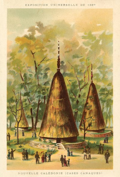 Yeni Kaledonya (Kanak kulübeleri), Exposition Universelle 1889, Paris (chromolitho) by French School