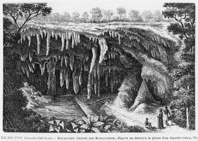 Yeni Kaledonya, Pines Adası, Kouaouete, Manguemene mağarası, Les Missions Catholiques bülteninden bir örnek, bir sürgünün kalem ve mürekkeple çiziminden sonra, 1893 by French School