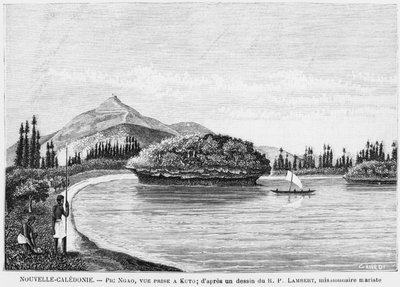 Yeni Kaledonya, Pines Adası, Pic Nga, bir Marist misyoner olan Rahip Peder Lambert'in çiziminden sonra Kuto'dan görülüyor, Les Missions Catholiques bülteninden bir çizim, 1893 by French School