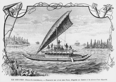 Yeni Kaledonya, Pines Adası'nın pirogue'u, bir sürgünün kalem ve mürekkeple çiziminden sonra, Les Missions Catholiques bülteninden çizim, 1893 by French School