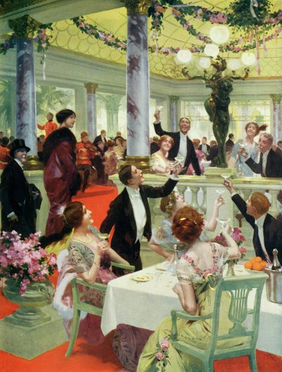 Bir restoranda Yeni Yıl Arifesi, La Vie Heureuse dergisinden bir illüstrasyon, 15 Aralık 1912 by French School