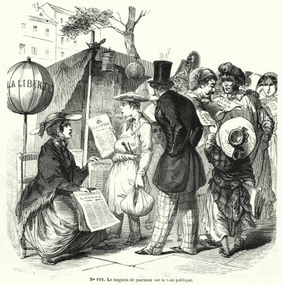 Halka açık bir caddede gazete standı (gravür) by French School