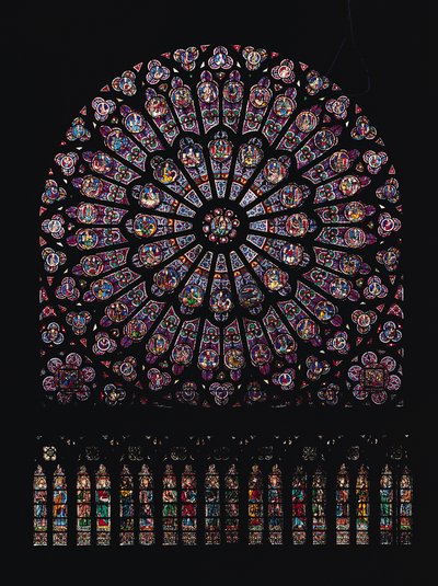 Ortada Bakire ve Çocuğu tasvir eden, Eski Ahit karakterleriyle çevrili kuzey çapraz gül penceresi, tasarlanmış, c.1250 by French School