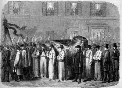 Jean Baptiste (Giovanni Battista) Niccolini (1782-1861), 21 Eylül 1861: İtalyan şairin kalıntılarını Floransa (Firenze), İtalya sokaklarında taşıyan cenaze konvoyu. Gravür “” Le Monde Illustré” n°234, 5 Ekim by French School