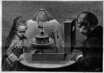 Optik illüzyon: praksinoskop tiyatrosu, Emile Reynaud (1844-1918) tarafından icat edilen aparat. “” Doğada Gravür. Bilim dergisi ve sanat ve endüstriye uygulamaları. by French School