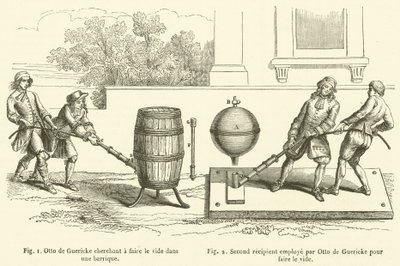 Otto de Guericke bir fıçıda bir vakum yaratmak istiyor, İkinci alıcı Otto de Guericke tarafından bir vakum yaratmak için kullanılıyor (gravür) by French School