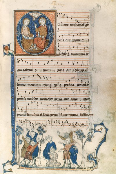 Holy Trinity ve Blind Mans Bluff oyununun resimlerini içeren Parisli bir şarkıcı için bir el yazmasından sayfa, c.1280-1315 by French School