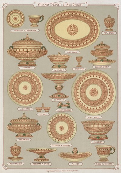 Grand Depot de Porcelaines, Faiences et Verreries kataloğundan sayfa (renkli taş) by French School