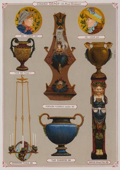 Grand Depot de Porcelaines, Faiences et Verreries kataloğundan sayfa (renkli taş) by French School