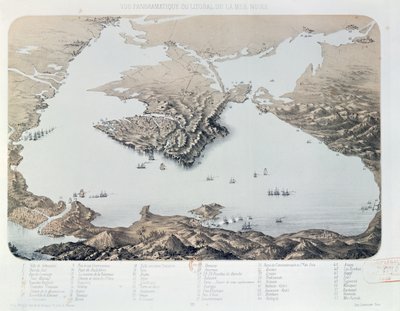 Kırım Savaşı sırasında Sivastopol ve Karadeniz kıyısının panoramik görünümü ve planı, 1855 by French School