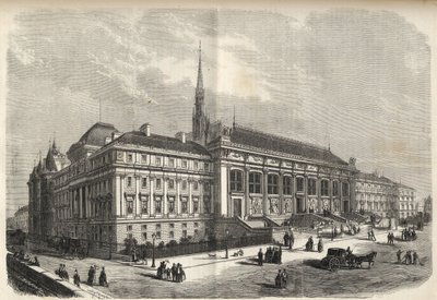 Paris - Joseph-Louis Duc (1802-1879) tarafından inşa edilen adliye binasının yeni cephesi - (Batı Cephesi, Rue de Harlay üzerinde) 1869 gravürü by French School