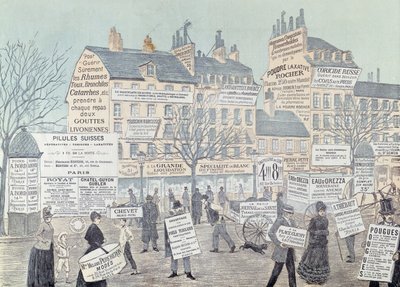 Başta ilaçlar olmak üzere birçok reklamın yer aldığı Paris Sokak Manzarası, 1885 (renkli gravür) by French School
