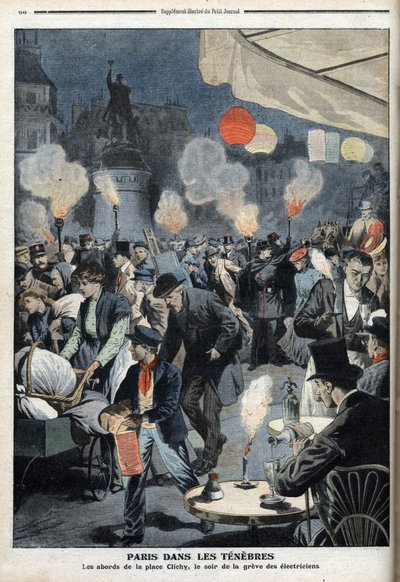 Paris karanlıkta - Clichy mekanının çevresi, elektrikçilerin grev akşamı - ” Le petit Journal””, Mart 1907 (gravür) by French School