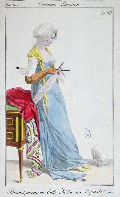 Paris kostümü: tül ile süslenmiş bone, omuzlarda fichu, 1802 by French School