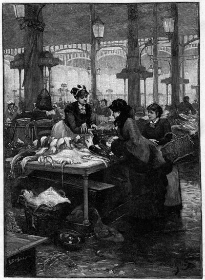 19. yüzyılda Paris sahnesi: Halles merkezinde bir balık tüccarı ve bir müşteri. Gilbert