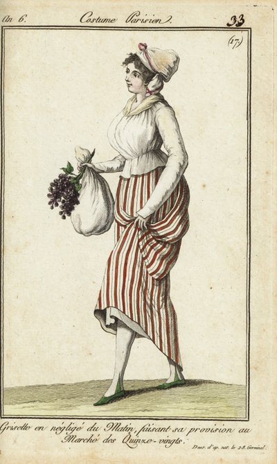 Gündelik sabahlık giymiş Parisli dükkan kızı, 26 Mart 1798 (el boyaması bakır levha gravürü) by French School