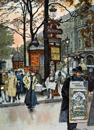 Palais-Royal Metro istasyonunun yakınında Paris sokak sahnesi, c.1900 (renkli taş) by French School