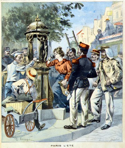 Bir Wallace çeşmesinin etrafında içki içen Parisliler - 19/08/1900 tarihli “Le Petit Journal”da (gravür) by French School