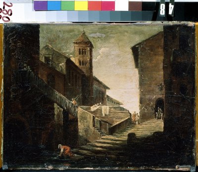 ""Bir Fransız köyünde manzara"" Popüler bir bölgede köprü ve nehir. Fransız okul boyama. 18. yüzyılın başlarında Mikhail Kroshitsky Sanat Müzesi, Sivastopol (Sivastopol) Ukrayna by French School