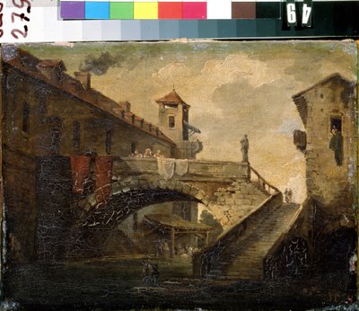 ""Bir Fransız köyünde manzara"" Popüler bir bölgede köprü ve nehir. Fransız okul boyama. 18. yüzyılın başlarında Mikhail Kroshitsky Sanat Müzesi, Sivastopol (Sivastopol) Ukrayna by French School