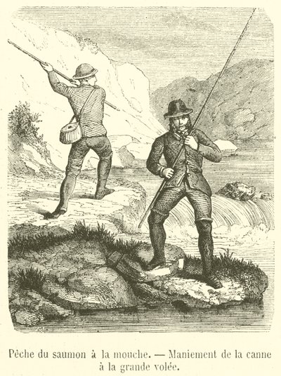 Somon sineği balıkçılığı, Anında olta kullanımı (gravür) by French School