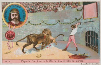 Kısa Pepin (752-768) aslan ve boğanın başına saldırıyor by French School