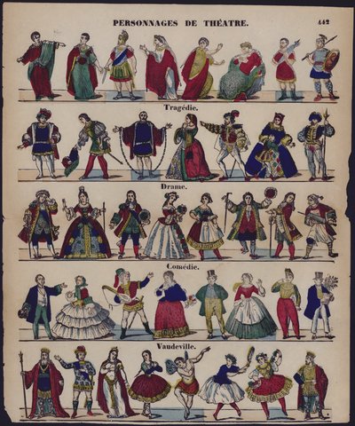 Personnages de tiyatro (renkli gravür) by French School