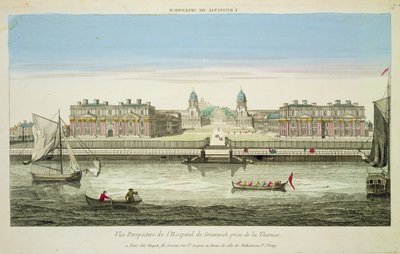 Huquier tarafından oyulmuş Thames Nehri üzerindeki Greenwich Hastanesinin Perspektif Görünümü (renkli gravür) by French School