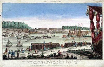 Barış vesilesiyle, Place Louis XV ve Palais Bourbon arasındaki su üzerinde partilerin, oyunların ve havai fişeklerin perspektif görünümü by French School