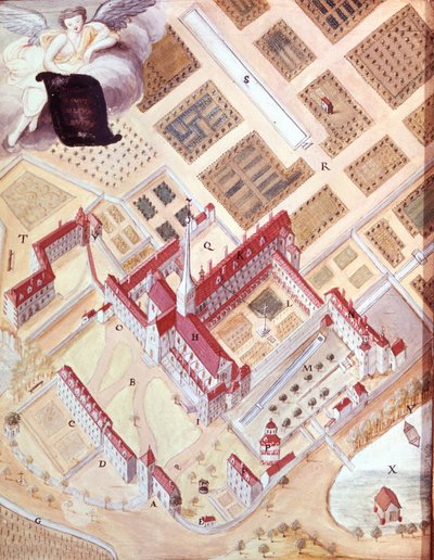 Port Royal des Champs (Port-Royal-des-Champs) manastırının kuş uçuşu olarak perspektif görünümü. 18. yüzyıl guaş çizimi. Versay Müzesi by French School
