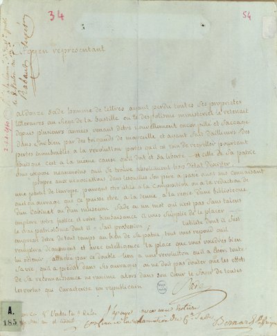 Aldonze Safe tarafından istihdam için dilekçe, 1794-95 (kağıt üzerinde kalem ve mürekkep) by French School