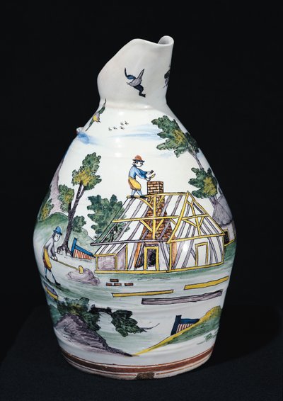 Bir binanın yapımını betimleyen sürahi, Sinceny, c.1740-50 (fayans) by French School