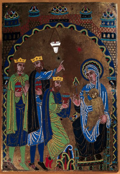Grandmont Manastırı'nın ana sunağının plaketi: Magi'nin Hayranlığı. Bakır üzerine emaye dore ve keski. 1275-1300. Limoges'tan. Paris, Ulusal Orta Çağ Müzesi, Thermes de Cluny by French School