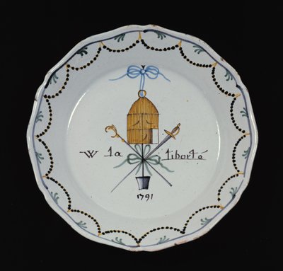 Açık kuş kafesi ve efsane Vive la Liberte, 1791 (seramik) ile plaka by French School