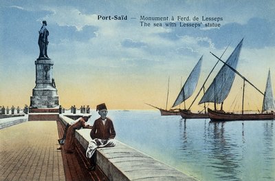 Port Said kartpostalı. Liman ve deniz manzaralı Fernand de Lesseps