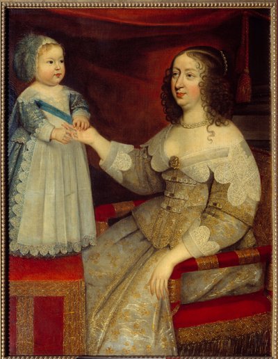 Avusturya Kraliçesi Anne (1601-1666) ve yunus Louis XIV çocuğu (1638-1715) portresi Fransız Okulu resmi. 1643