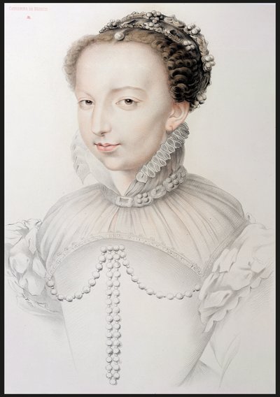 Catherine de Medici'nin Portresi (1519-89), 16. Yüzyılın En Ünlü Fransız Kişiliklerinin Portreleri'nde yer alan bir 16. yüzyıl çiziminin tıpkıbasımı, PG Niel, Paris, 1848 (grafit o by French School