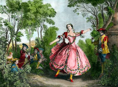 Marie Anne de Cupius de Camargo dit La Camargo (1710-1770) dansçı portresi 18. yüzyıl Paris gravürü. Opera Kütüphane Müzesi by French School