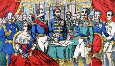 1856 Barış Antlaşması sırasında Avrupa egemenlerinin portresi: soldan sağa, Victor Emmanuel II (Victor Emmanuel) (Vittorio Emanuele), Sardunya Kralı, Victoria, İngiltere Kraliçesi, Napolyon III, Türk İmparatoru, Alexander II, Kral Rusya, F by French School