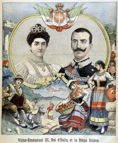 Victor Emmanuel III ve Karadağlı Helene, İtalya Hükümdarı tarafından madalyonlu portreler, “The Petit Journal” 5/7/1903 (gravür) by French School