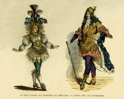 Kral Louis XIV (1638-1715), tiyatro kostümü ve atlıkarınca portreleri. Renkli gravür, Augustin Challamel, F.Roy editörü, Paris 1882. Selva Collection. by French School