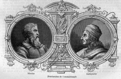 Mistik Nicholas (10. yüzyıl) ve Athoslu Euthymius (955-1028), Konstantinopolis Patriklerinin portreleri. Maurice Lachatre